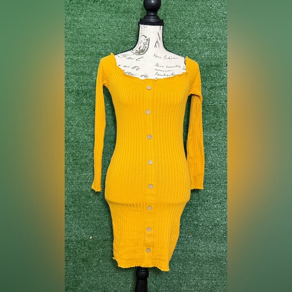 Yellow Ribbed Bodycon Dress with Scoop Neck